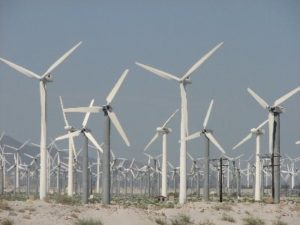 A small section of the windmill farm just outside Palm Springs in the Californian desert.